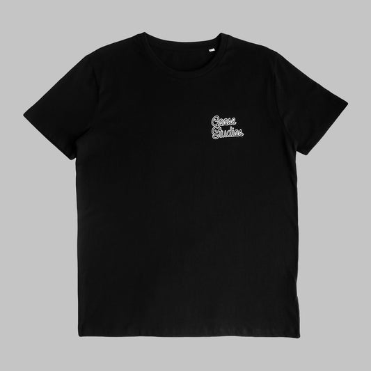Front of Black organic cotton T Shirt with white printed logo