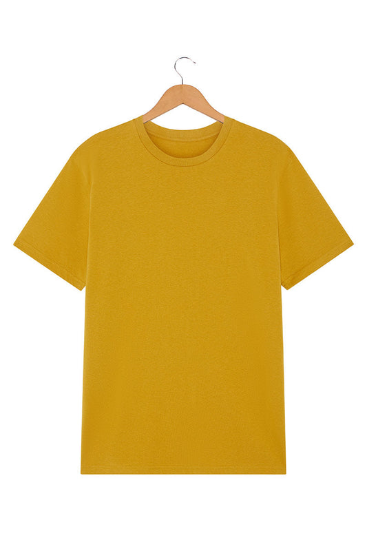 Front of men's organic cotton t-shirt in mustard yellow from Goose Studios, made from soft certified organic cotton