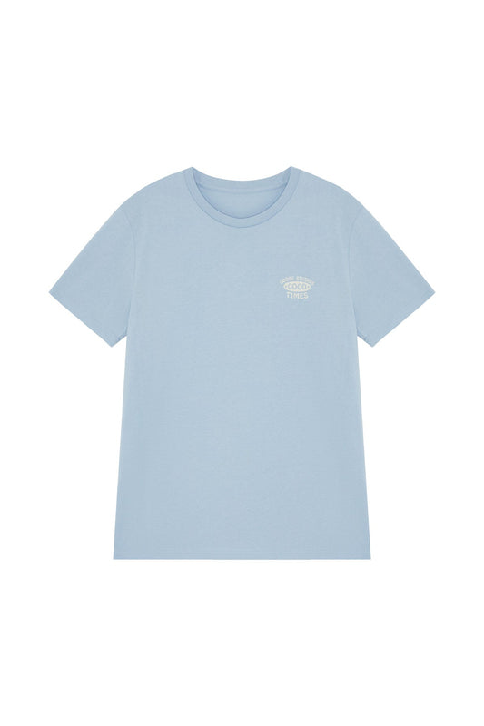 Front of unisex sky blue organic cotton t-shirt with a surf inspired screen printed graphic