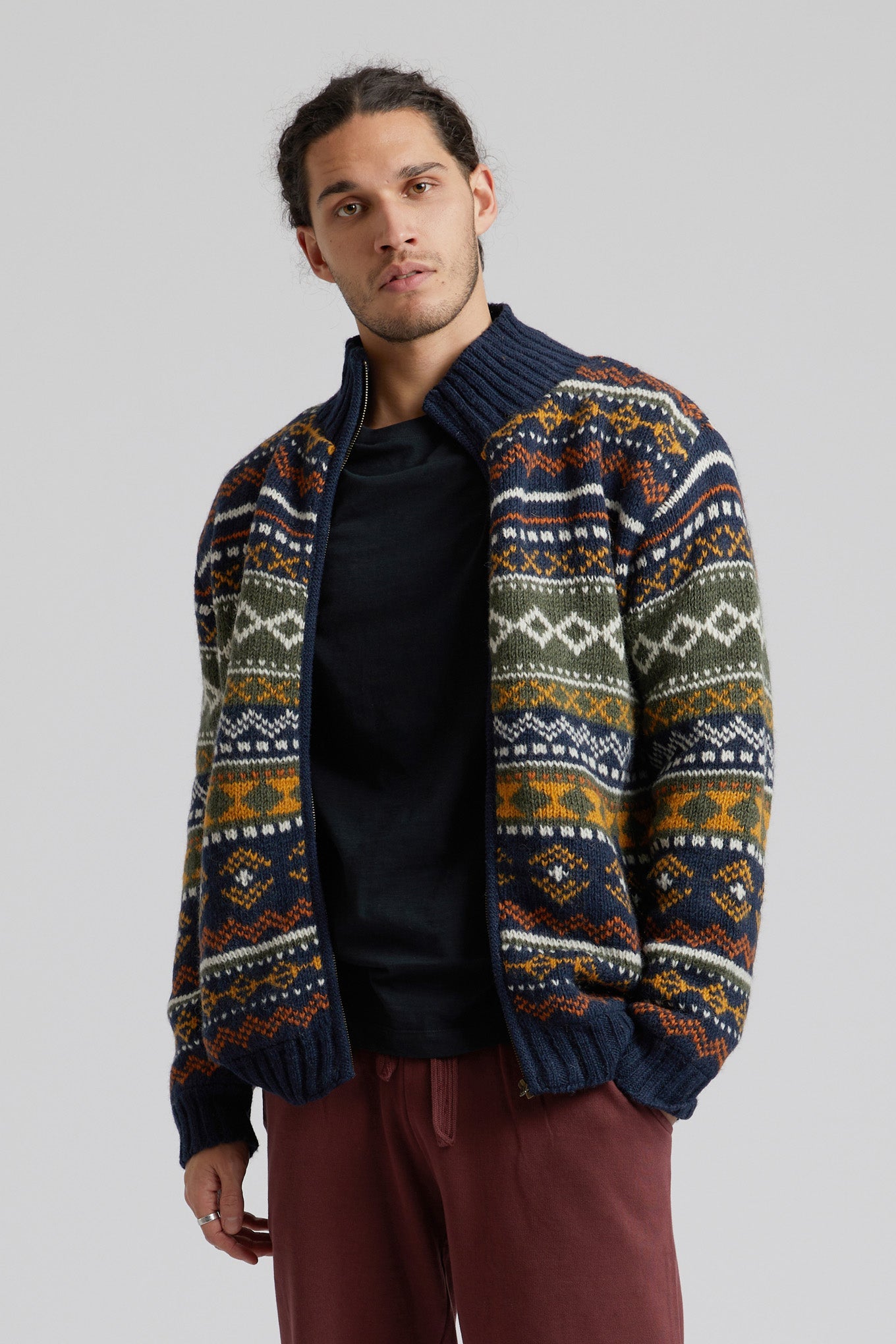 FAIR ISLE - Fleece Lined Wool Jacket Navy